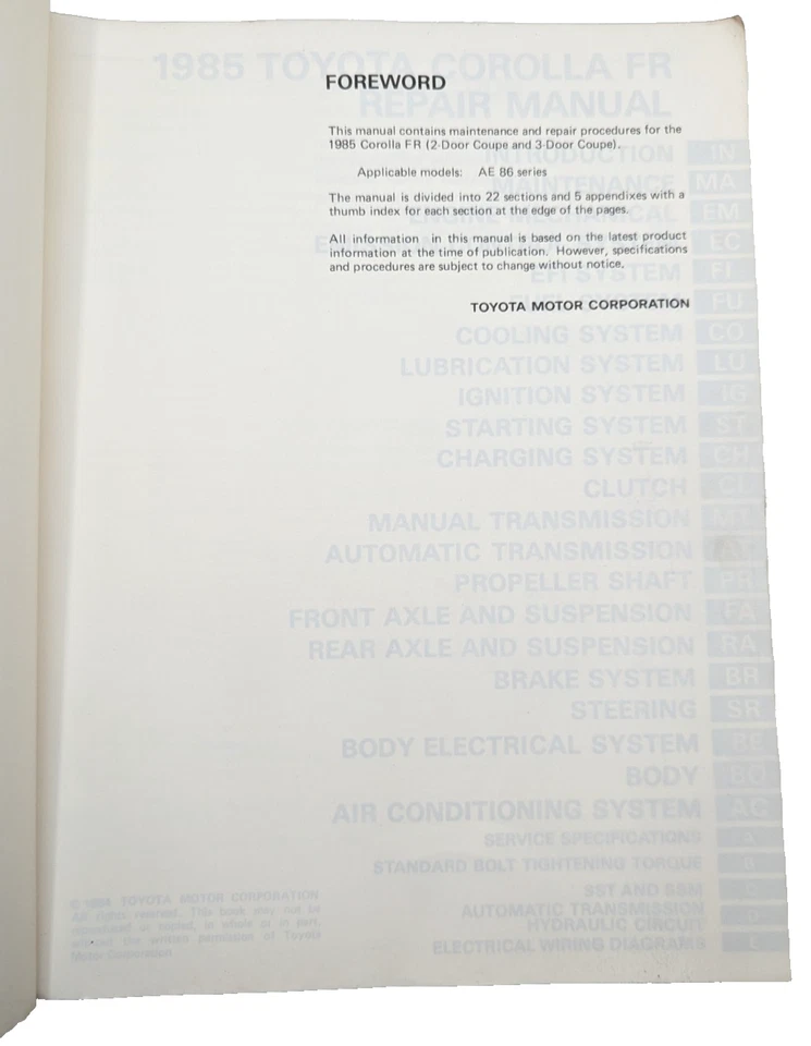 1985 Toyota Corolla FR manual de reparo 85 livro de serviço OEM - Imagem 3 de 4