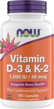 Now Vitamin D3 K2, 1,000 IU/45 mcg, 180 Vegetarian Capsules Gluten Free, Kosher