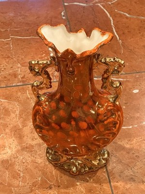 MCM 1960-70S GOLD ORANGE ORNATE GAUDY 9'' VASE CERAMIC EWER URN DOUBLE HANDLES EU