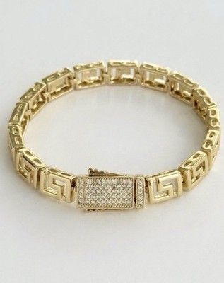 14K Gold Plated Greek Key Link Bracelet with CZ Pavé Box Clasp | Luxury Jewelry