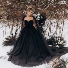 Gothic Black A-line Wedding Dress 3D Floral Decal Sheer Sleeves Lace Bridal Gown