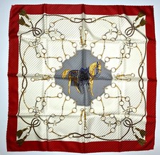 Celine Paris Silk Scarf Red White Pleated Design, Gold Horse, France 34  x34  