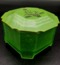 HTF! 1920s Art Deco Ramses Roxana Uranium Glass Vanity Jar Nudes *UV Reactive 