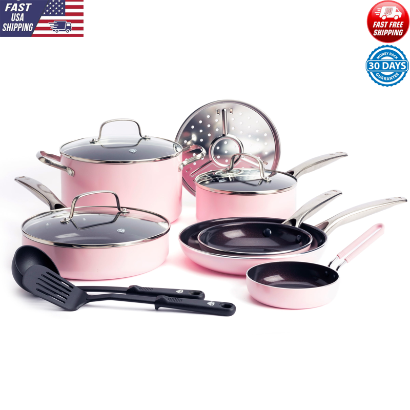 12-Piece Pink Diamond Nonstick Cookware Set W/ Glass Lids