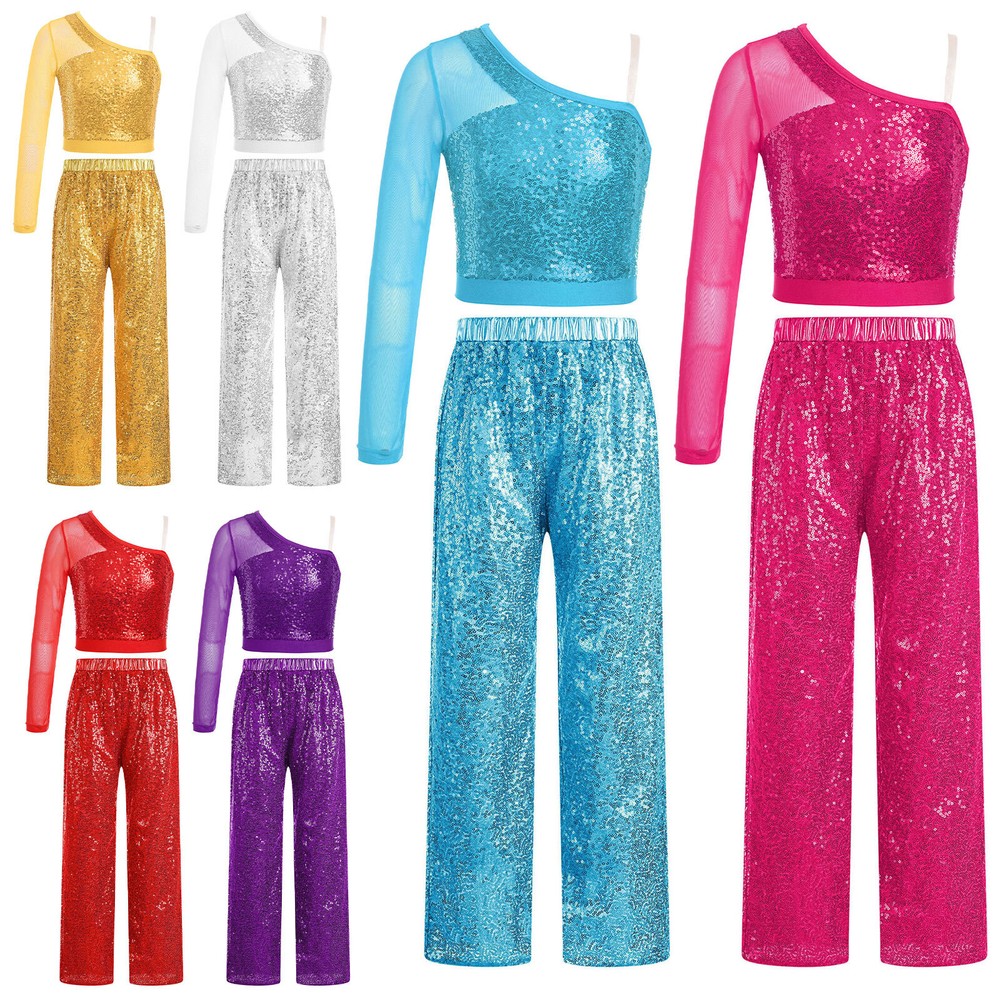 US Kids Girls Crop Top With Wide-Leg Pants Jazz Dance Outfits Sequins Dancewear