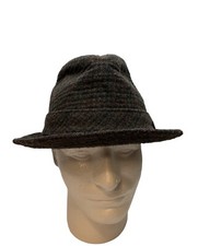 Vintage Stetson Fedora Hat 100 Wool Tweed Plaid Dark Gray Maroon Blues USA