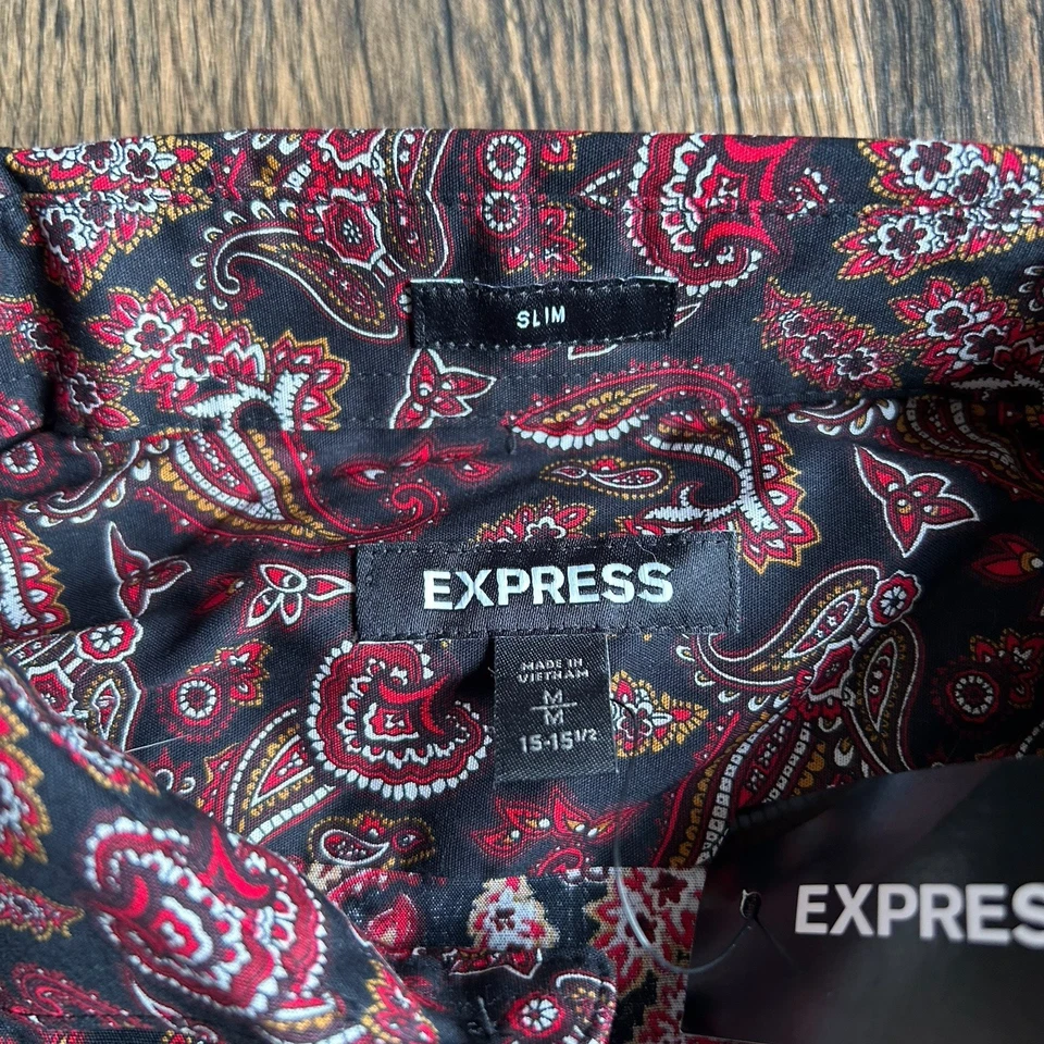 Express Slim Fit Men’s Dress Shirt Paisley Red Black Size M 15–15.5 NWT - Image 3 of 4