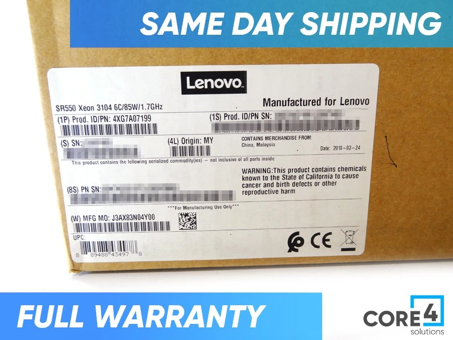 LENOVO 4XG7A07199 SR550 Xeon 3104 6c/85W/1.7GHz *New Sealed* - Image 3 of 3