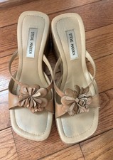 VTG 9.5 Steve Madden Dazi Wood Leather Wedge Sandals Nude Tan 3.5  Heel  Flower