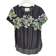 3.1 Phillip Lim Black Floral Stripe 100 Silk Short Sleeve Blouse Top Womens 4