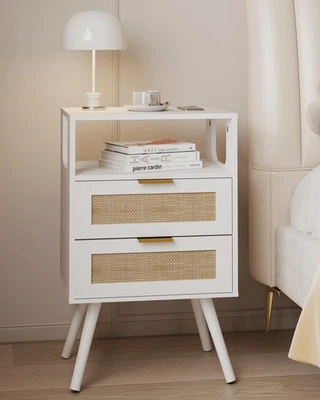 Joonee Rattan Nachttisch Bauernhaus Nachttisch 2 Schubladen und offenes Holz - Bild 1 von 4