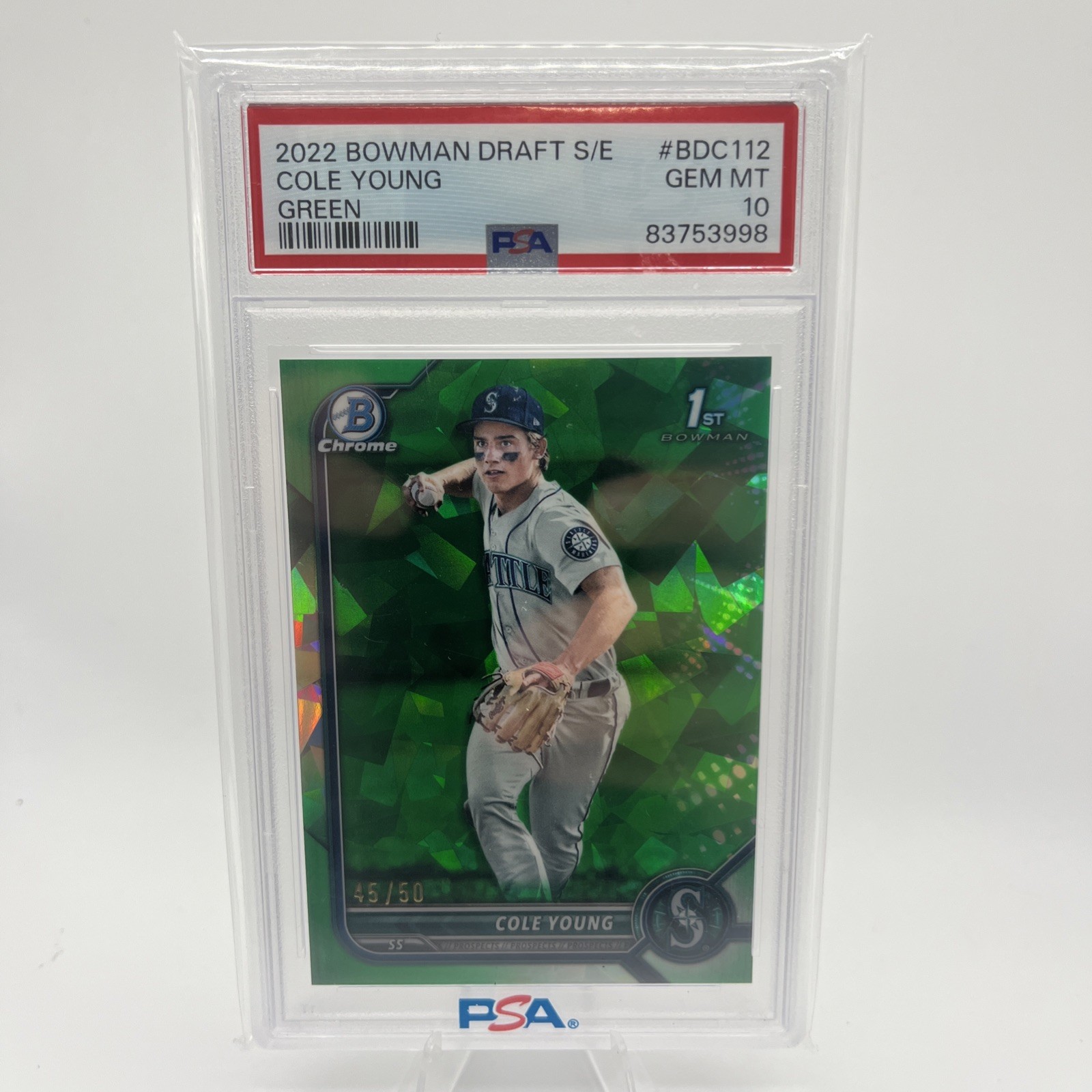 2022 Bowman Chrome Sapphire Cole Young Green Refractor 1st Prospect 45/50 PSA 10