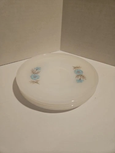 Set of 4 Vintage Fire King Bonnie Blue Carnation Flowers Saucers Milk Glass