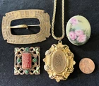 Vintage Jewelry Lot Victorian Art Deco Locket Enamel Brass Necklace Cameo Flower