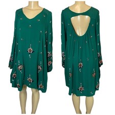 FREE PEOPLE Oxford Embroidered Mini Dress Boho Green Fairy Floral Size Small