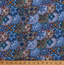 Mexican Plates Talavera Pottery Blue Fiesta Cotton Fabric Print by Yard D362.22