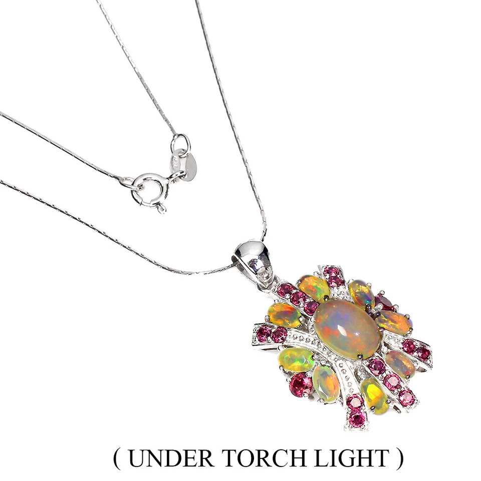 925 Argento Sterling Collana Ovale Opale di Fuoco 9x7mm Rodolite Gemma Gioielli - Immagine 2 di 4