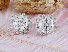Flower Stud Jewelry Earrings 3CT Round Cut Diamond 14K White Gold Finish