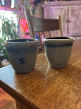 Rowe Pottery Works 2 miniature salt glaze crocks 1992 - 2.25" tall each