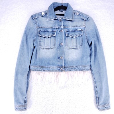 Guess Cropped Feather Trimmed Blue Jean Jacket Womens Size Small Denim Coat 