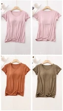 Lady Modal Short Sleeve T Shirts with Built-in Shelf Bra Yoga Basic Tops Blouse