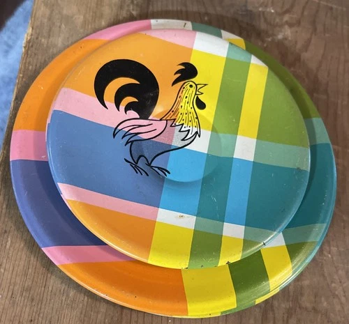 7 Vintage 1960s Ohio Art ROOSTER On Plaid Children's Tin Metal Toy Litho Plates