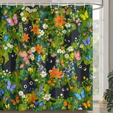 AMM Floral Cat Shower Curtain Boho Cute 72"W x 72"L Pack of 1 , Light Green
