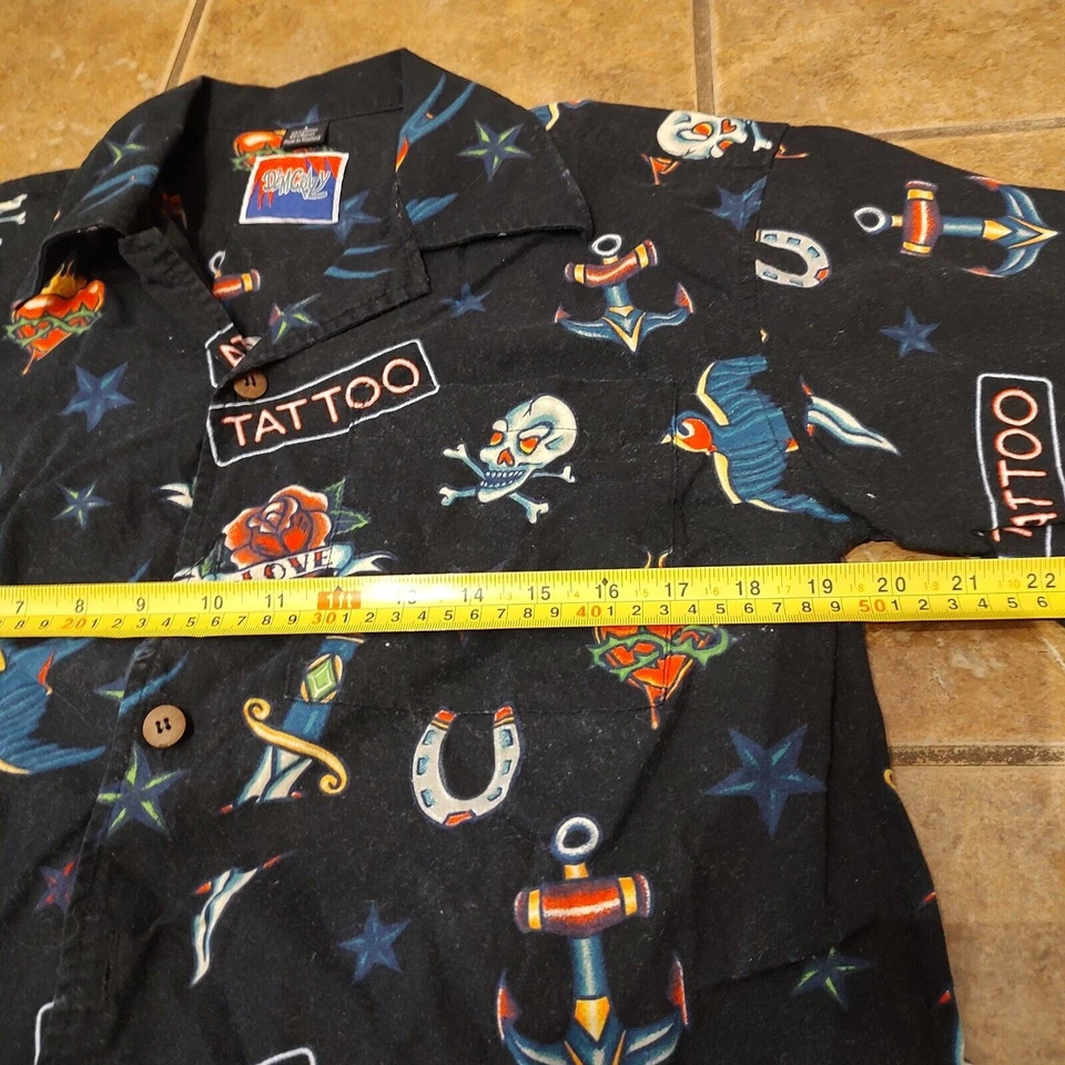 DemCrazy Shirt Men's Sz L Black Button Up Shirt Tattoos Ed Hardy Print - Image 4 of 4
