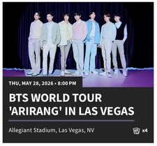 (4) BTS ARIRANG Concert Tickets Las Vegas May 28 8PM Sec 327