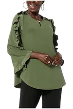 Antthony Women's Notched Neck Top w/ Ruffle Sleeves Olive