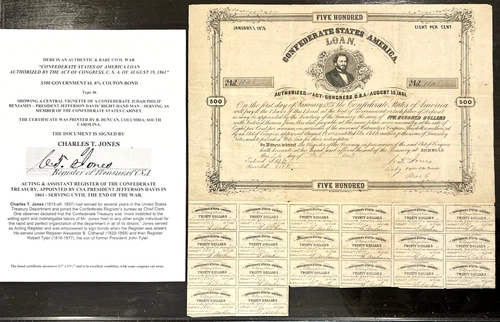 CONFEDERATE LOAN $500 CSA CIVIL WAR BOND TREASURY JONES DOCUMENT SIGNED Type 46
