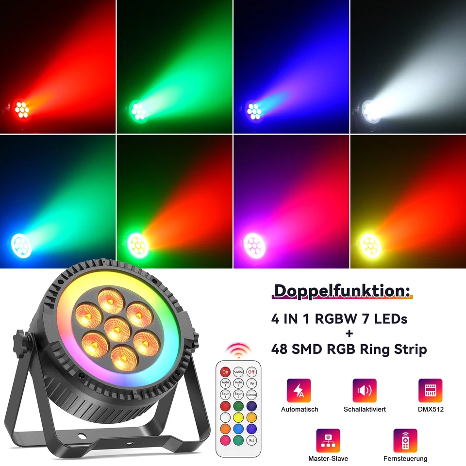 4PCS 200W LED Par DMX512 RGBW Strahler Bühnenlicht 7+48 LED mit Streifen Party - Bild 2 von 4