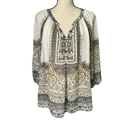 Figuero & Blumen Bluse Damen XL Pullover Tunika 3/4 Arm grau V-Ausschnitt Boho