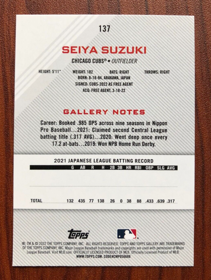 2022 Topps Gallery Seiya Suzuki Rookie Card #137 - RC Cubs | eBay
