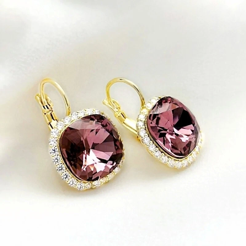 Halo cushion cut plum imitation crystal 18k yellow gold filled hoop earrings - Image 2 of 4