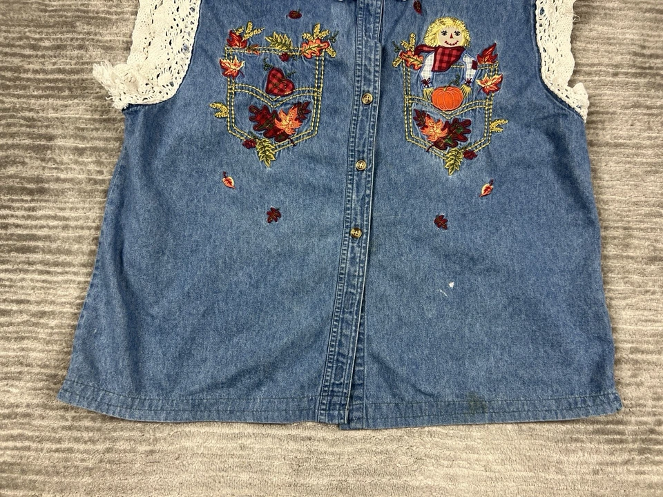 Bobbie Brooks Top Womens XL Blue Denim Scarecrow Autumn Short Sleeve Button Up - Image 3 of 4