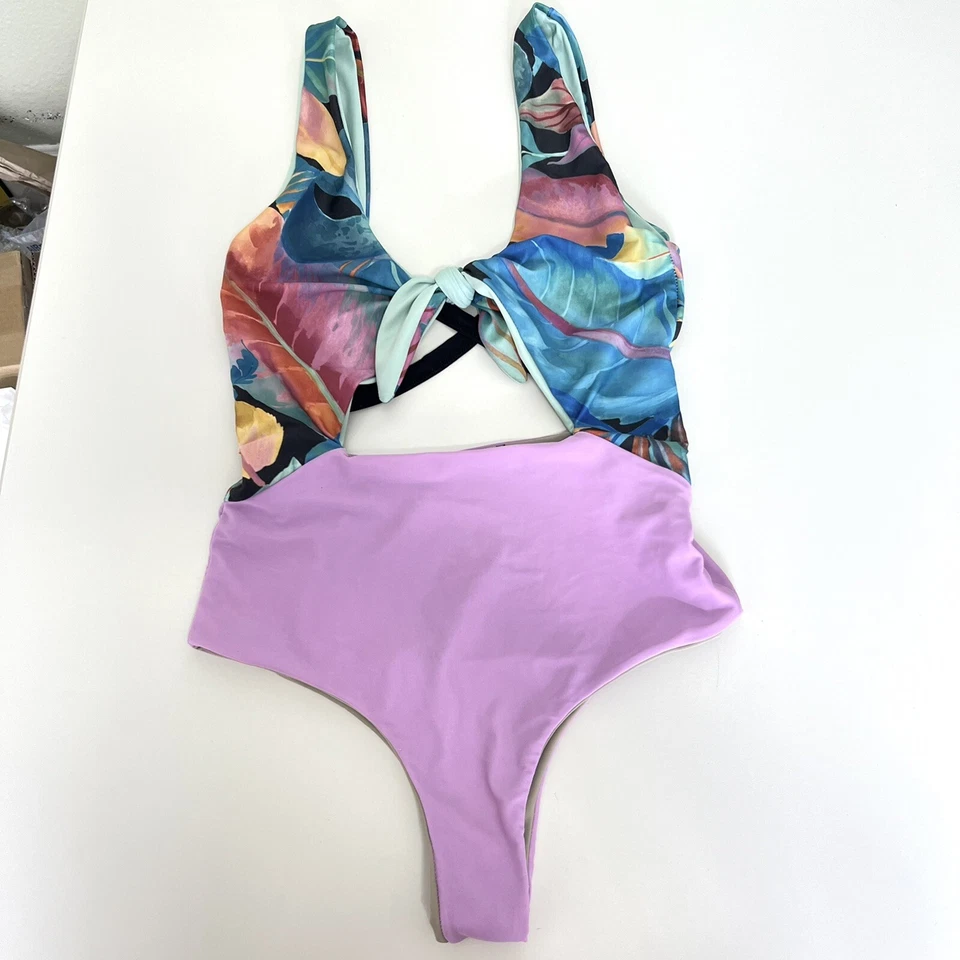 Купальник цельный Mandalynn размер L синий фиолетовый галстук спереди с ремешками сзади сделано в США - Изображение 2 из 4