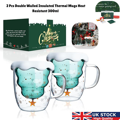 2x Doppelwandiger Isolier Thermo Weihnachten Glas Becher & Tasse Hitzebeständig 300ml