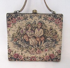 VINTAGE 1920s 30s FRENCH TAPESTRY EVENING BAG VICTORIAN SCENE FLOWERS BRASS