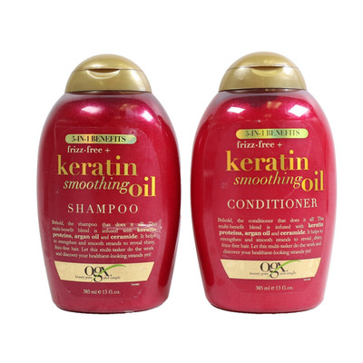 2 PACK OGX Frizz-Free + Keratin Smoothing Oil Shampoo & Conditioner 13 fl oz
