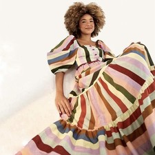 Farm Rio Dress Brazilian Exclusive Rainbow Stripe Midi Boho Medium Cotton $299