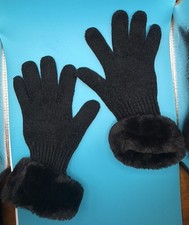 WOMAN'S BLACK KNIT FAUX FUR TRIM GLOVES ONE SIZE Vintage