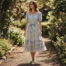 Zimmermann Dress Womens Small Blue White Paisley Ruffle Tiered Puff Sleeve