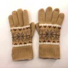 Tan Knit Warm Winter Gloves Gray Snowflake Pattern