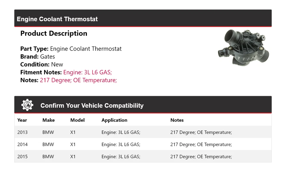 Para BMW X1 2013-2015 3L L6 Motor Gas Refrigerante Termostato Puertas 2014 Foto 2 de 4
