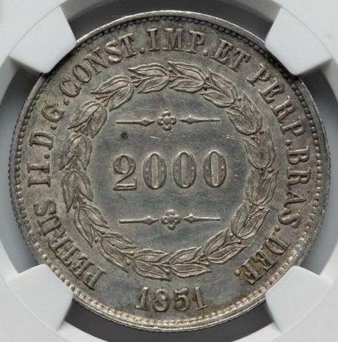 1851 Brazil Pedro II Silver 2000 Reis Coin, NGC UNCIRCULATED KM# 462, LUXURIOUS!