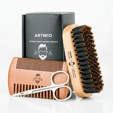 Beard Hair Brush, Comb and Scissors Set for Men's Beard Care Grooming