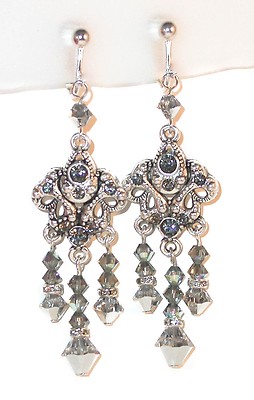 SWAROVSKI CRYSTAL Elements Silver 3'' Chandelier Earrings BLACK DIAMOND & COMET