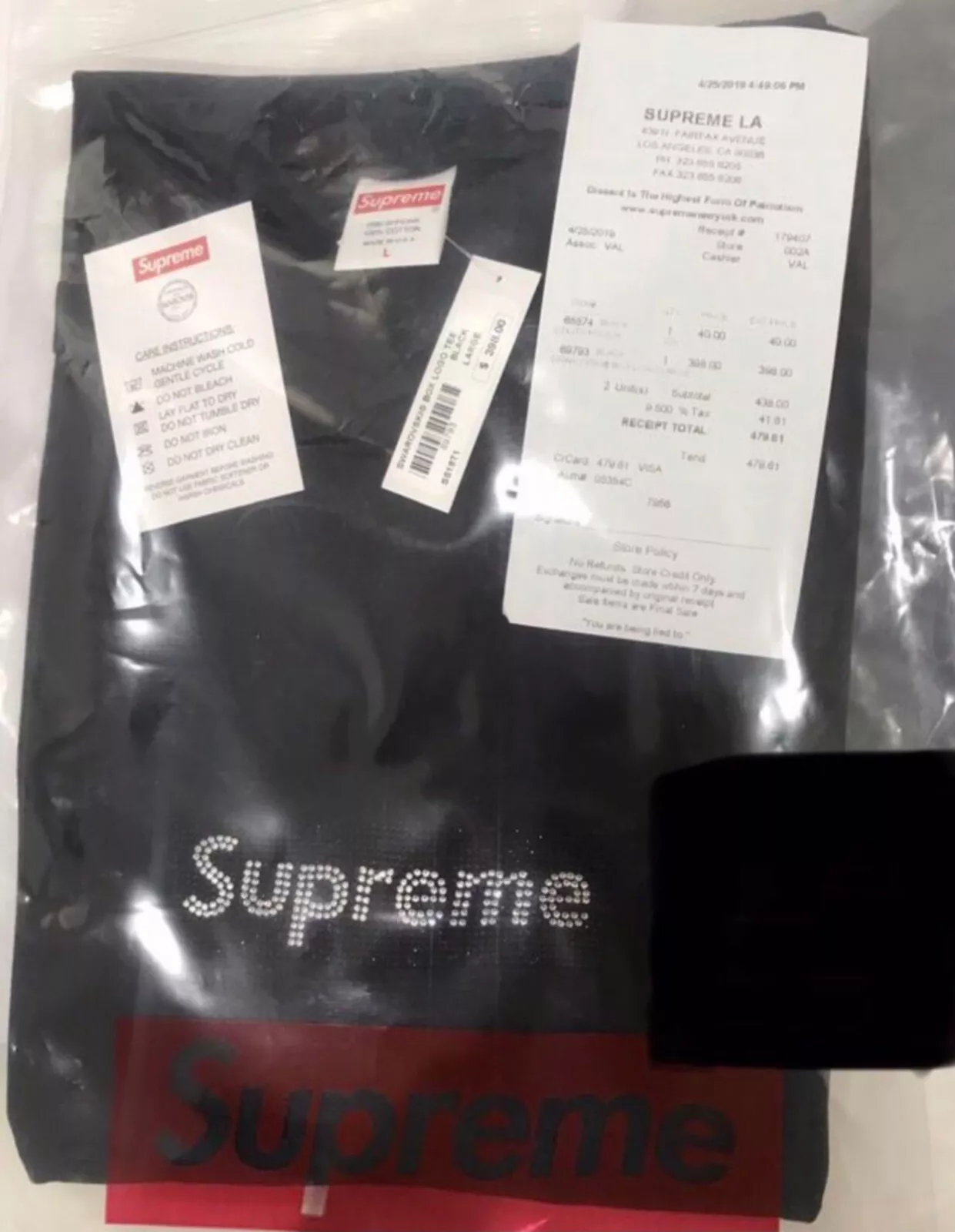 T shirt logo boîte Supreme Swarovski SS19 (SS19T1) noir pour homme taille grande