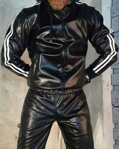 Men s Jogging Trousers and Hoodie Black White Stripes Leather Sweat Tracksuit